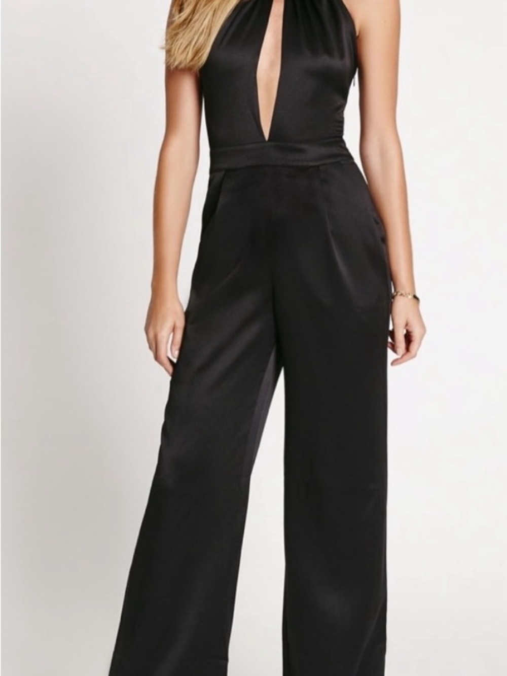 Guess Black Halter Plunge Wide-Leg Jumpsuit